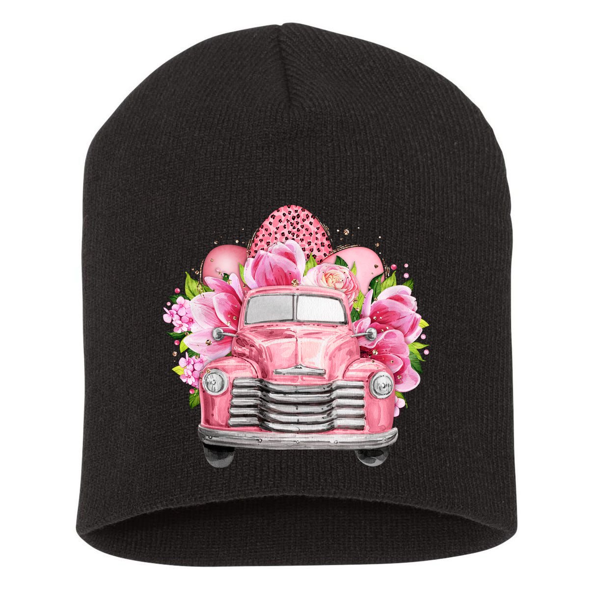 Spring Happy Easter Pink Vintage Truck Short Acrylic Beanie