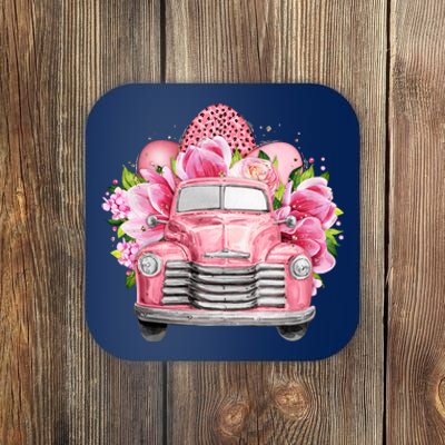 Spring Happy Easter Pink Vintage Truck Coaster