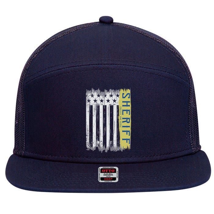 Sheriff American Flag Protect And Serve 7 Panel Mesh Trucker Snapback Hat