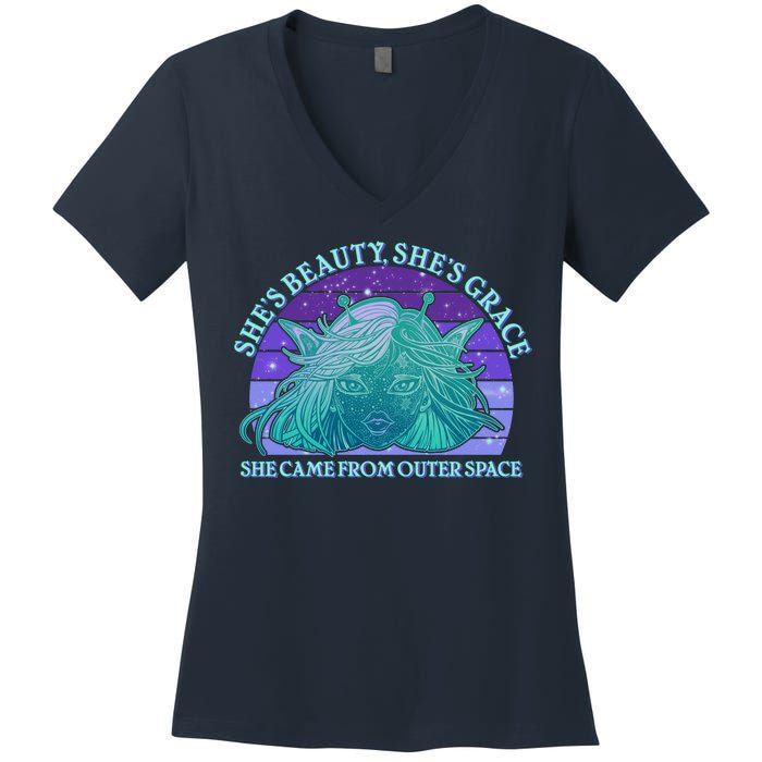 She's Beauty She's Grace She Came From Outer Space Women's V-Neck T-Shirt