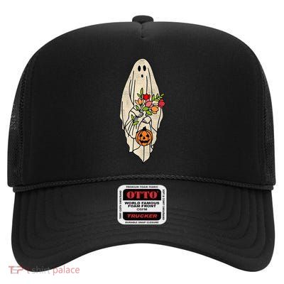 Spooky Halloween Floral Ghost High Crown Mesh Back Trucker Hat