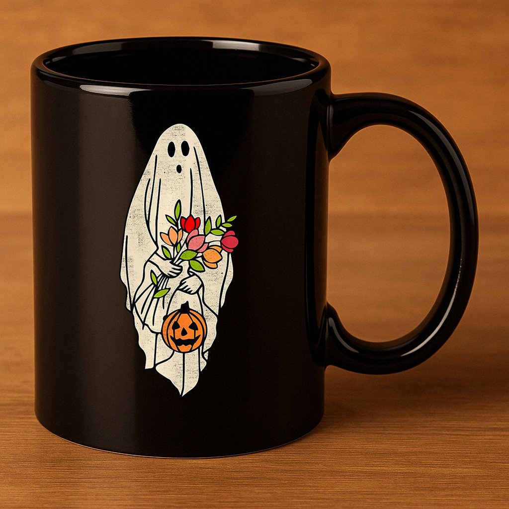 Spooky Halloween Floral Ghost 11oz C Handle Ceramic Mug
