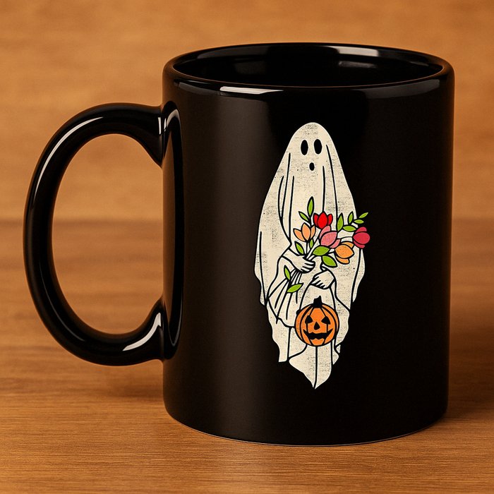 Spooky Halloween Floral Ghost 11oz C Handle Ceramic Mug