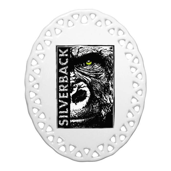 Silverback Half Face Gorilla With Green Eyes Ceramic Oval Ornament