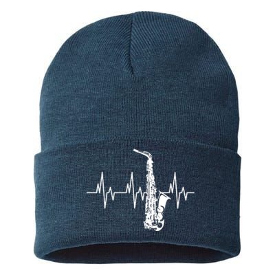 Saxophone Heartbeat Funny EKG Sax Player Gift Men Women Sustainable Knit Beanie