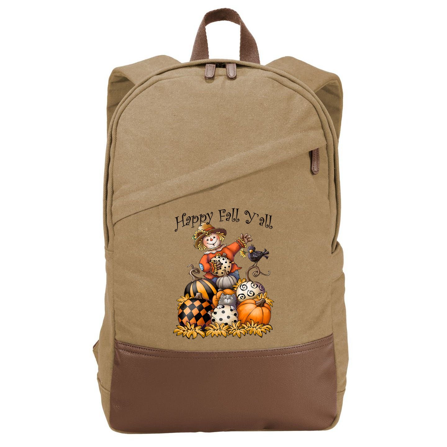 Scarecrow Happy Fall Y'all Pumpkin Thanksgiving Halloween Cotton Canvas Backpack