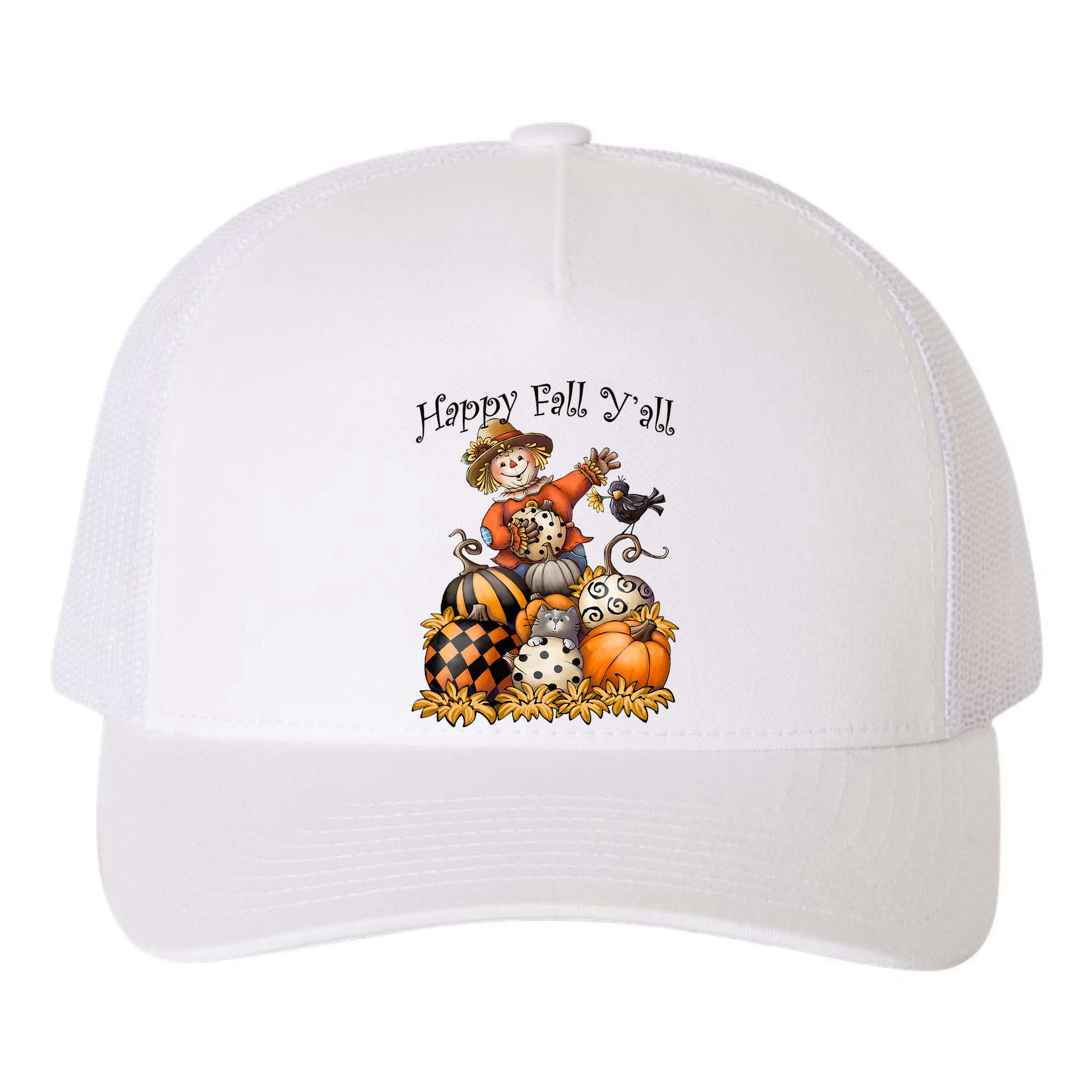 Scarecrow Happy Fall Y'all Pumpkin Thanksgiving Halloween Yupoong Adult 5-Panel Trucker Hat