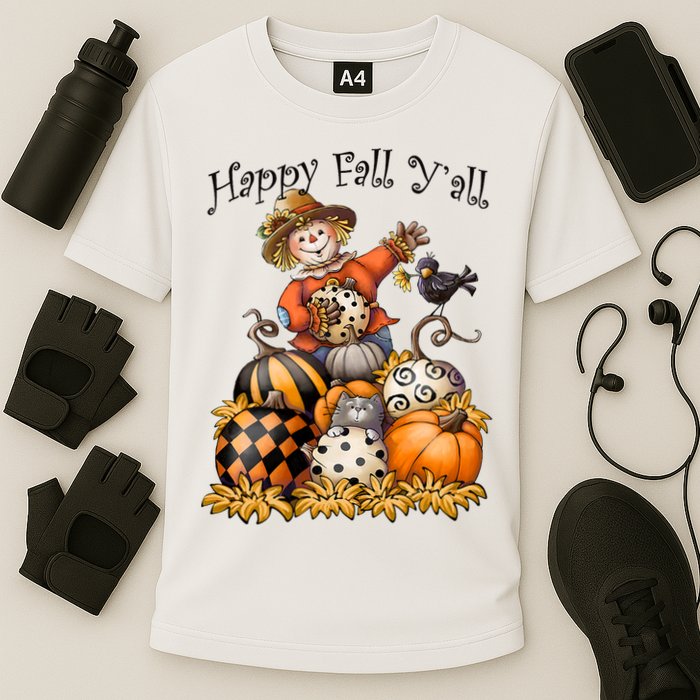 Scarecrow Happy Fall Y'all Pumpkin Thanksgiving Halloween Cooling Performance Crew T-Shirt