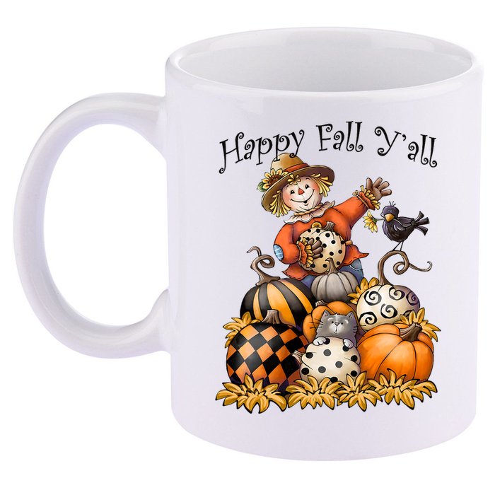 Scarecrow Happy Fall Y'all Pumpkin Thanksgiving Halloween 11oz C Handle Ceramic Mug