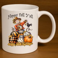 Scarecrow Happy Fall Y'all Pumpkin Thanksgiving Halloween 11oz C Handle Ceramic Mug