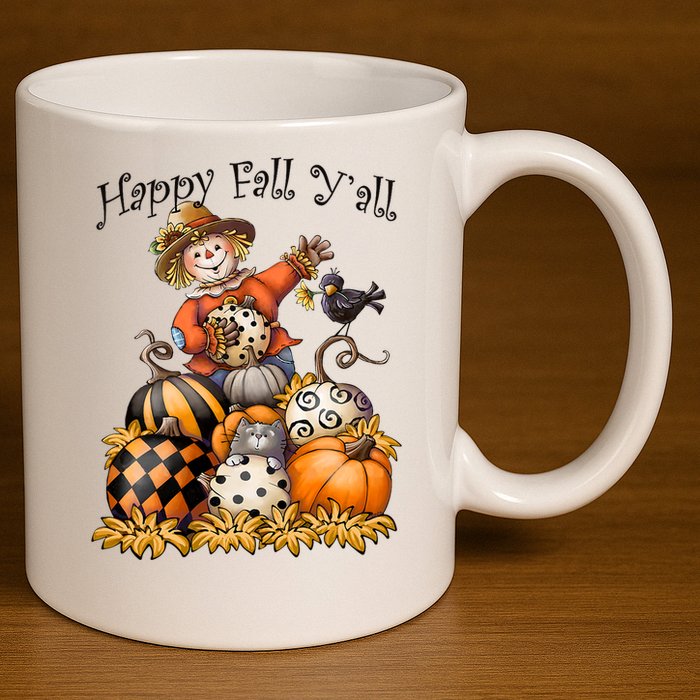 Scarecrow Happy Fall Y'all Pumpkin Thanksgiving Halloween 11oz C Handle Ceramic Mug