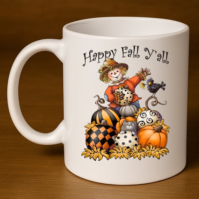 Scarecrow Happy Fall Y'all Pumpkin Thanksgiving Halloween 11oz C Handle Ceramic Mug