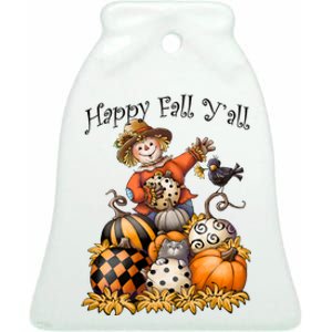 Scarecrow Happy Fall Y'all Pumpkin Thanksgiving Halloween Ceramic Bell Ornament