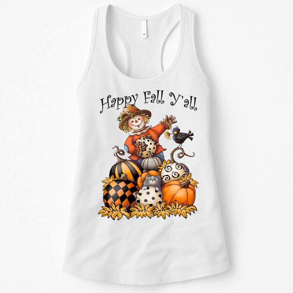Scarecrow Happy Fall Y'all Pumpkin Thanksgiving Halloween Womens Tank Top