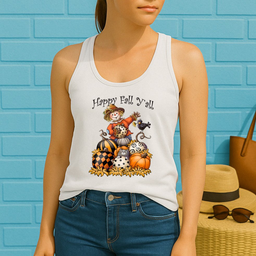 Scarecrow Happy Fall Y'all Pumpkin Thanksgiving Halloween Womens Tank Top