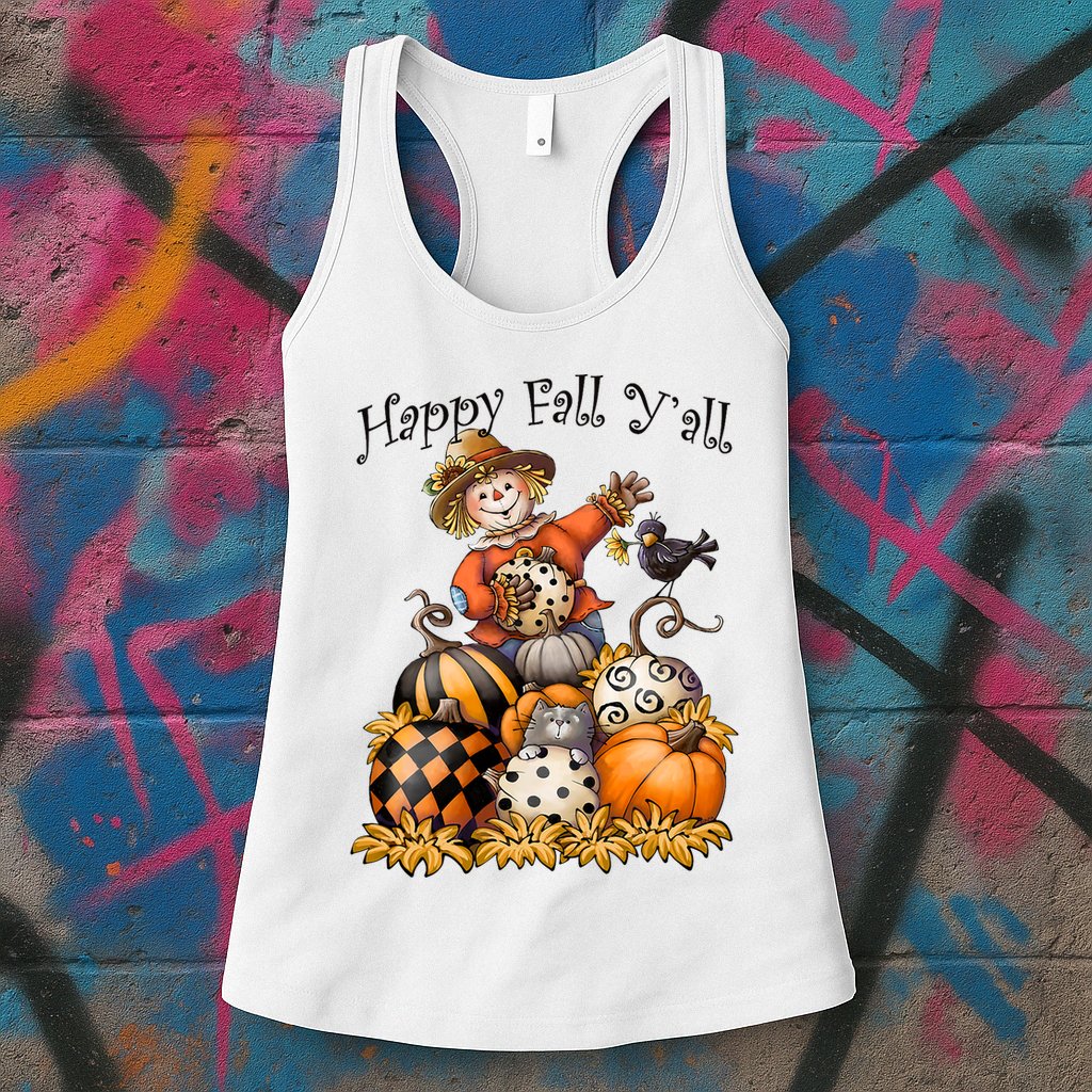 Scarecrow Happy Fall Y'all Pumpkin Thanksgiving Halloween Womens Tank Top