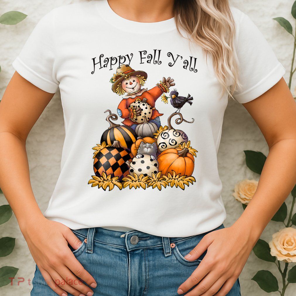 Scarecrow Happy Fall Y'all Pumpkin Thanksgiving Halloween Womens T-Shirt