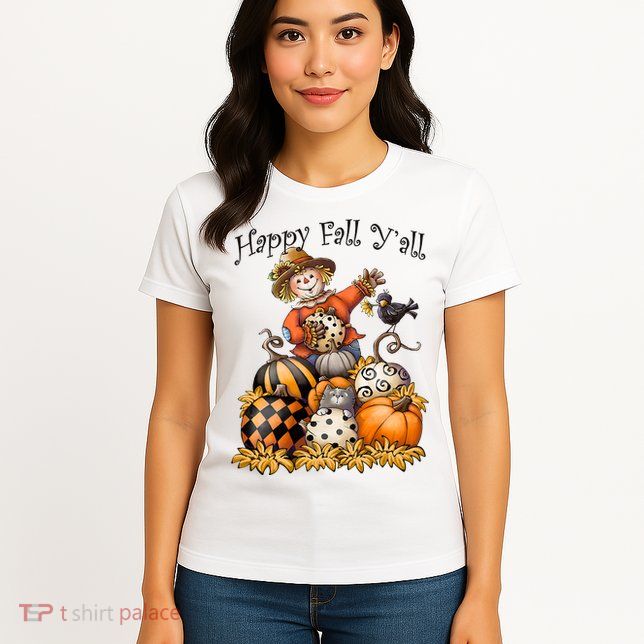 Scarecrow Happy Fall Y'all Pumpkin Thanksgiving Halloween Womens T-Shirt