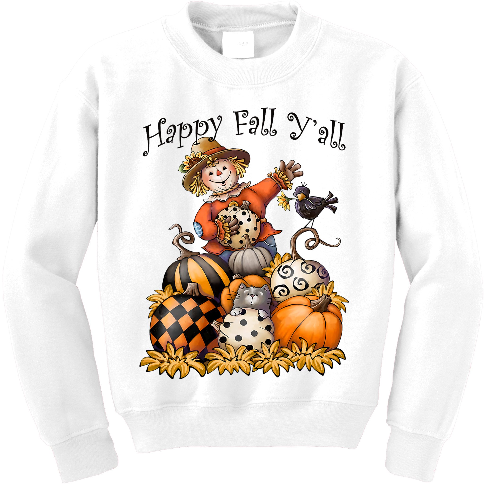 Scarecrow Happy Fall Y'all Pumpkin Thanksgiving Halloween Kids Sweatshirt
