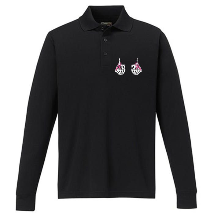 Skeleton Hand Fuck Cancer Pink Funny Breast Cancer Awareness Performance Long Sleeve Polo