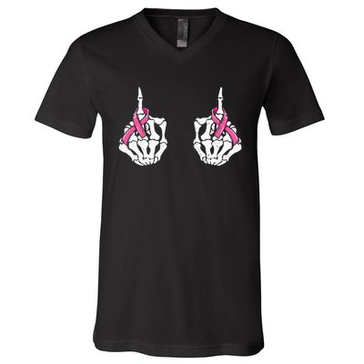 Skeleton Hand Fuck Cancer Pink Funny Breast Cancer Awareness V-Neck T-Shirt