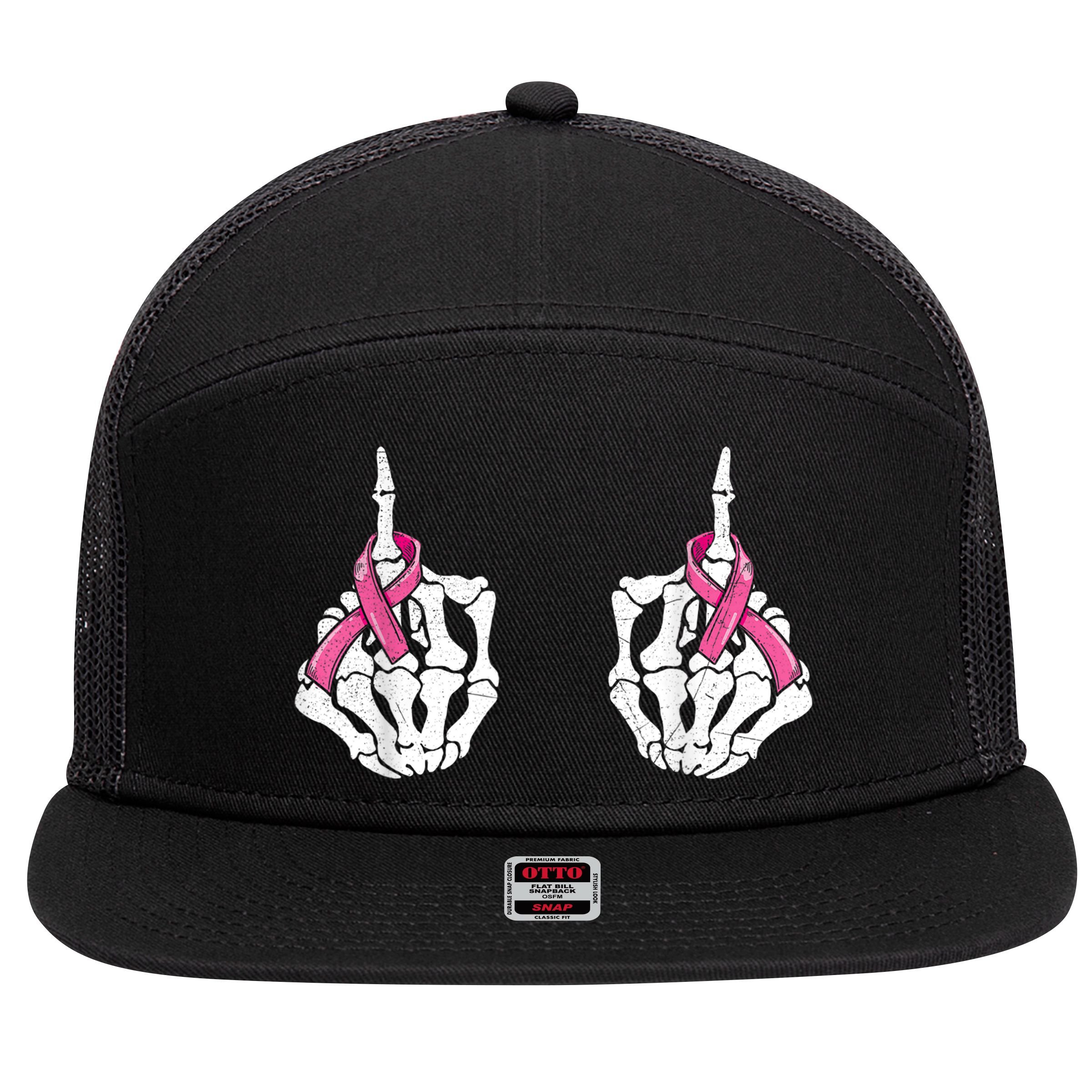 Skeleton Hand Fuck Cancer Pink Funny Breast Cancer Awareness  7 Panel Mesh Trucker Snapback Hat