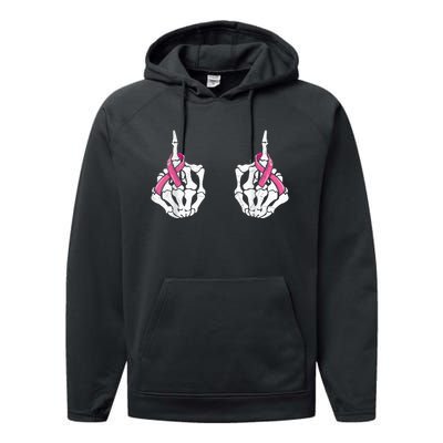 Skeleton Hand Fuck Cancer Pink Funny Breast Cancer Awareness  Performance Fleece Hoodie