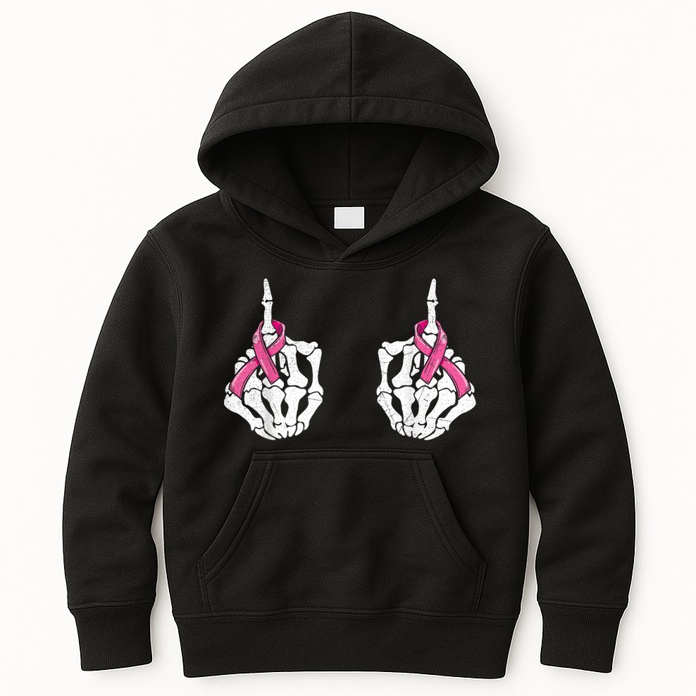 Skeleton Hand Fuck Cancer Pink Funny Breast Cancer Awareness  Kids Hoodie