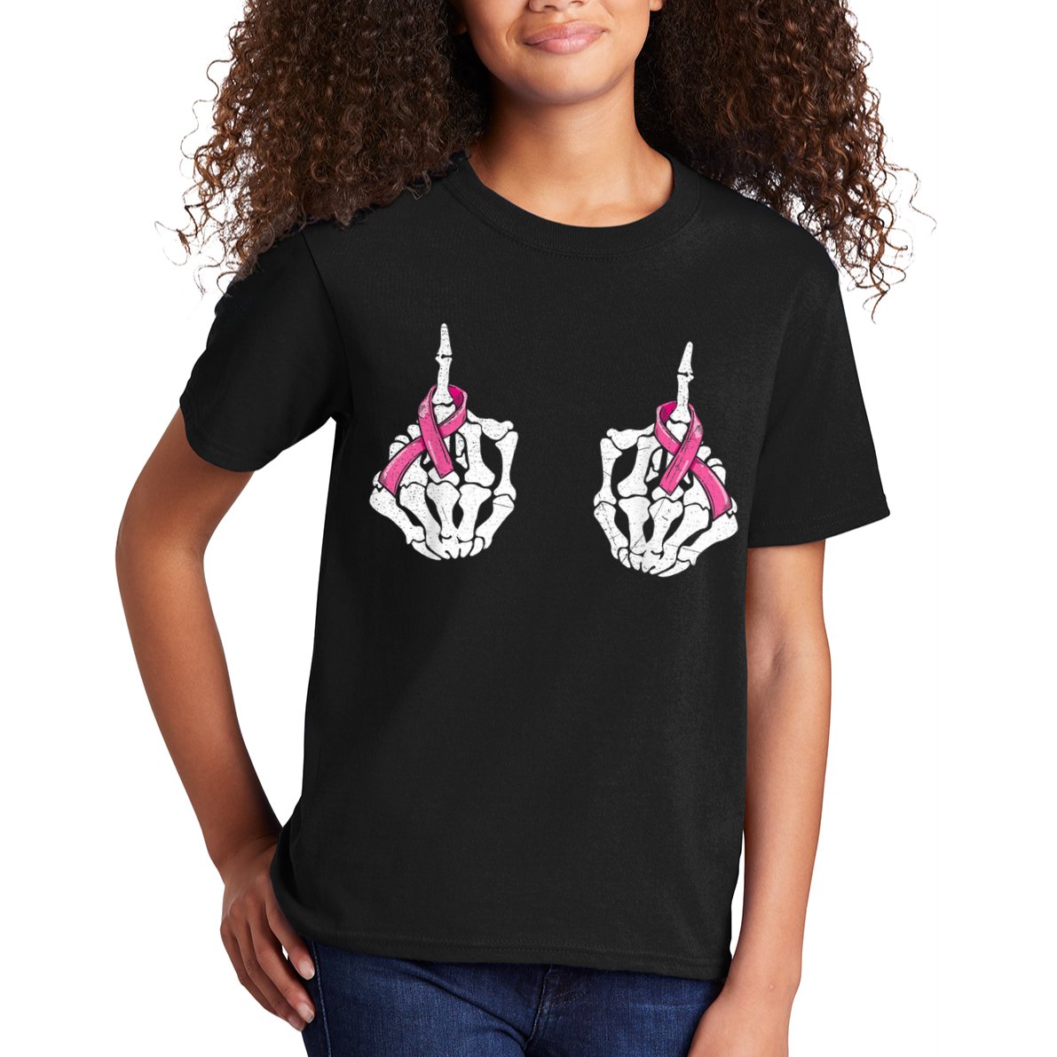 Skeleton Hand Fuck Cancer Pink Funny Breast Cancer Awareness  Kids T-Shirt