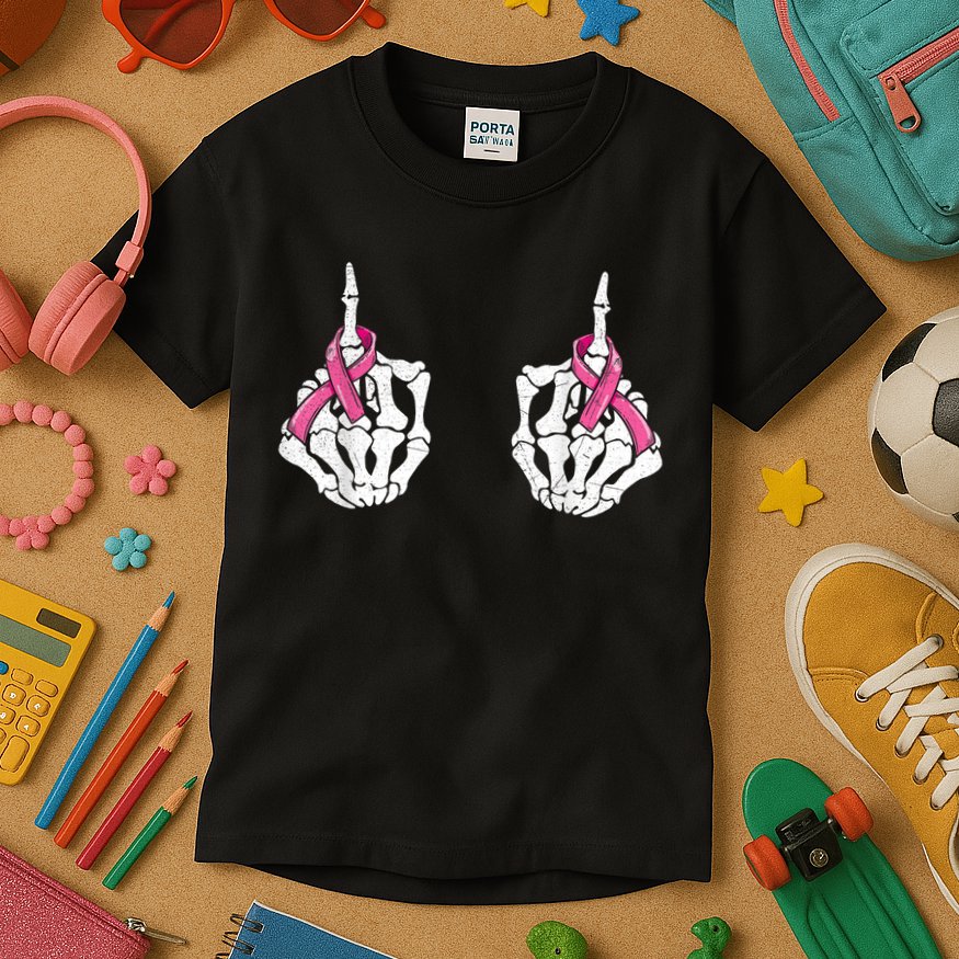 Skeleton Hand Fuck Cancer Pink Funny Breast Cancer Awareness  Kids T-Shirt