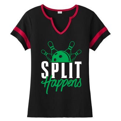 Split Happens Funny Bowling Team Bowler Pin Humor Gift Ladies Halftime Notch Neck Tee