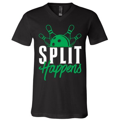 Split Happens Funny Bowling Team Bowler Pin Humor Gift V-Neck T-Shirt