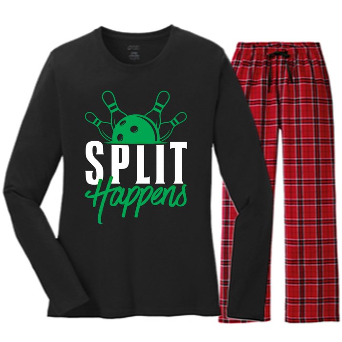 Split Happens Funny Bowling Team Bowler Pin Humor Gift Women's Long Sleeve Flannel Pajama Set 