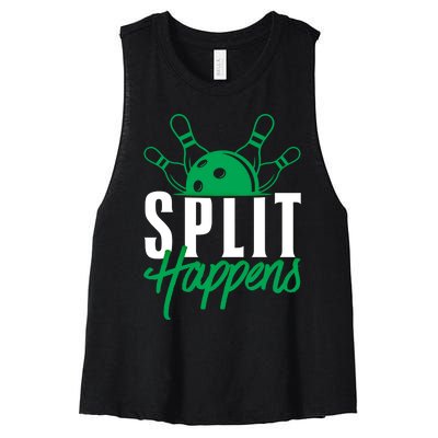 Split Happens Funny Bowling Team Bowler Pin Humor Gift Women's Racerback Cropped Tank