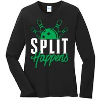 Split Happens Funny Bowling Team Bowler Pin Humor Gift Ladies Long Sleeve Shirt