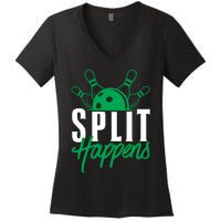 Split Happens Funny Bowling Team Bowler Pin Humor Gift Women's V-Neck T-Shirt