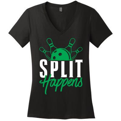 Split Happens Funny Bowling Team Bowler Pin Humor Gift Women's V-Neck T-Shirt