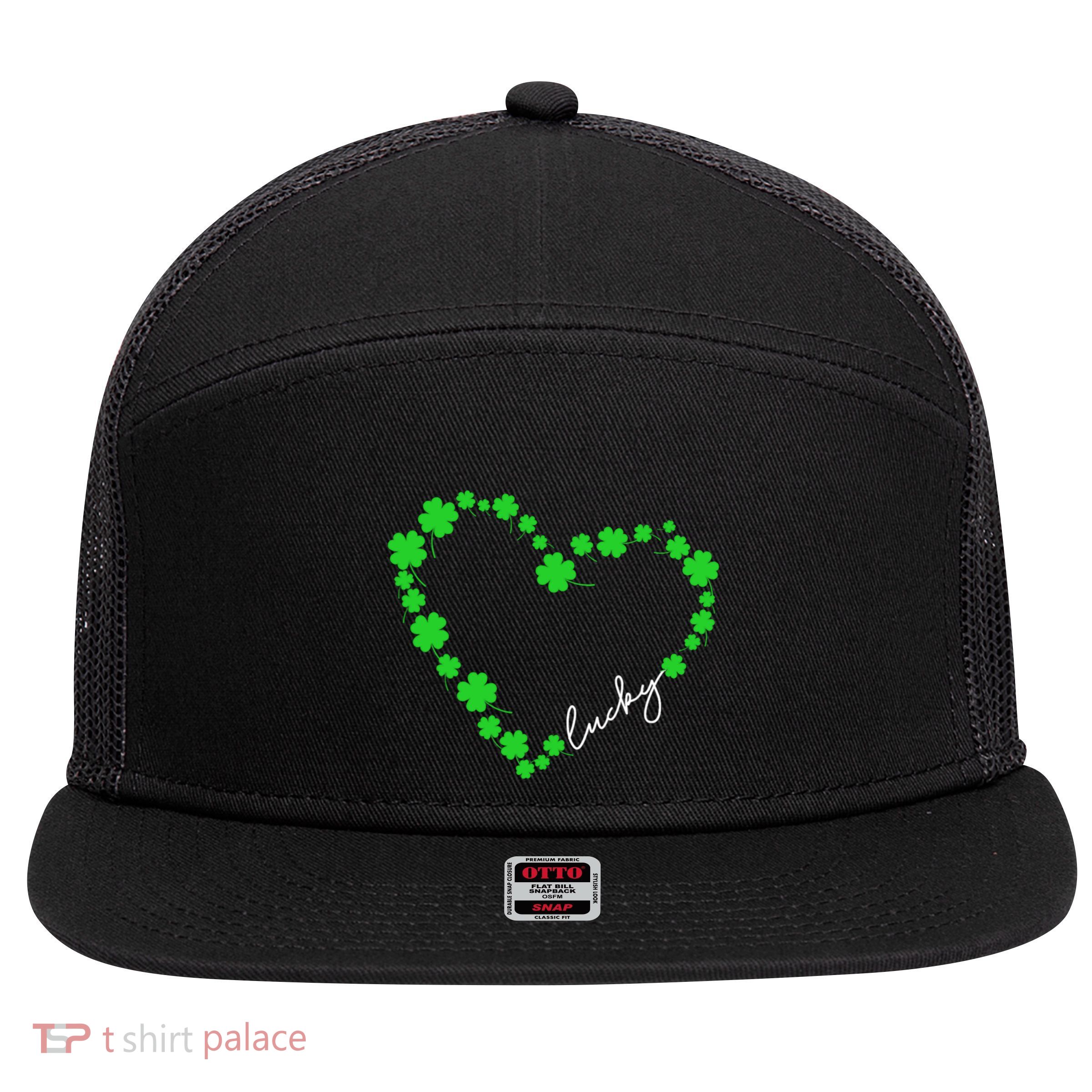 Shamrock Heart Four Leaf Clover Lucky St Patricks Day 7 Panel Mesh Trucker Snapback Hat