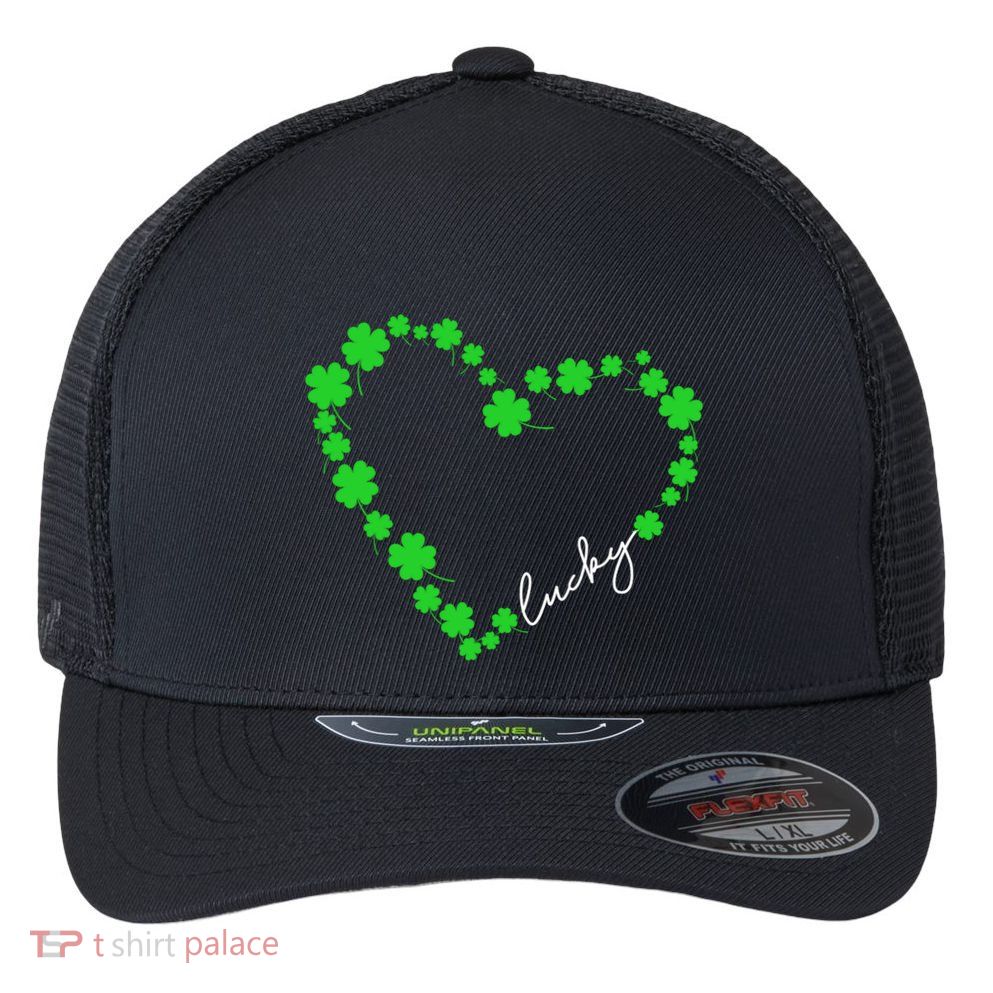 Shamrock Heart Four Leaf Clover Lucky St Patricks Day Flexfit Unipanel Trucker Cap