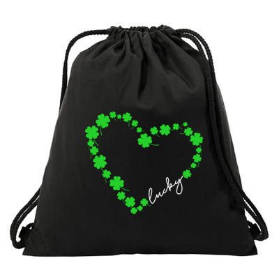 Shamrock Heart Four Leaf Clover Lucky St Patricks Day Drawstring Bag