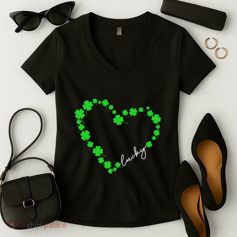 Shamrock Heart Four Leaf Clover Lucky St Patricks Day Women's V-Neck T-Shirt