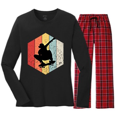 Skaters Having Fun Retro Sunset Skateboard Gift Teen Skaters Funny Gift Women's Long Sleeve Flannel Pajama Set 