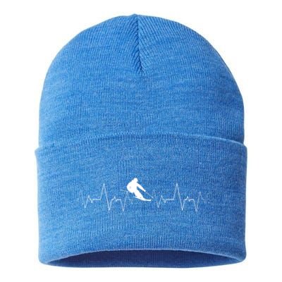 Skiing Heartbeat Funny Cardiogram Skiing Lover Ekg Gift Cute Gift Sustainable Knit Beanie