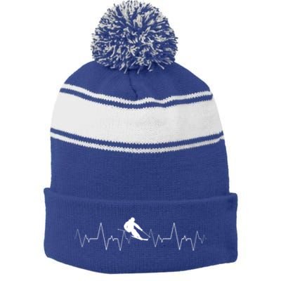 Skiing Heartbeat Funny Cardiogram Skiing Lover Ekg Gift Cute Gift Stripe Pom Pom Beanie