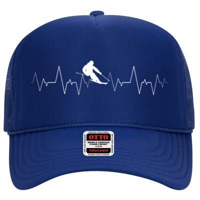 Skiing Heartbeat Funny Cardiogram Skiing Lover Ekg Gift Cute Gift High Crown Mesh Back Trucker Hat