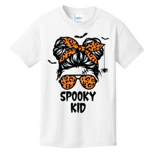 Spooky Halloween For Girl Messy Bun Leopard Kids T-Shirt