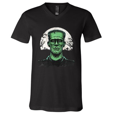 Scary Halloween Frankenstein Monster Face Munster V-Neck T-Shirt