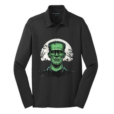 Scary Halloween Frankenstein Monster Face Munster Silk Touch Performance Long Sleeve Polo