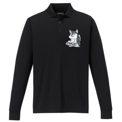 Siberian Husky Gaming Kawaii Gift for Gamers and Dog Lovers Performance Long Sleeve Polo