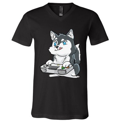 Siberian Husky Gaming Kawaii Gift for Gamers and Dog Lovers V-Neck T-Shirt